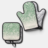 Sneeuwvlok wervelt op groene Schattigee aangepaste Ovenwant & Pannenlap Set (Voorkant / Achterkant)