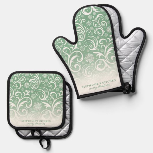 Sneeuwvlok wervelt op groene Schattigee aangepaste Ovenwant & Pannenlap Set (Voorkant / Achterkant)