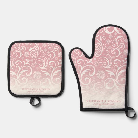 Sneeuwvlok wervelt op roze Schattige aangepaste ke Ovenwant & Pannenlap Set (Voorkant)