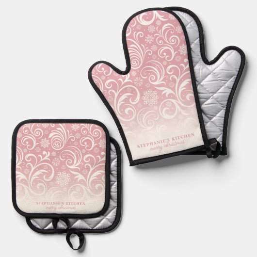 Sneeuwvlok wervelt op roze Schattige aangepaste ke Ovenwant & Pannenlap Set (Voorkant / Achterkant)