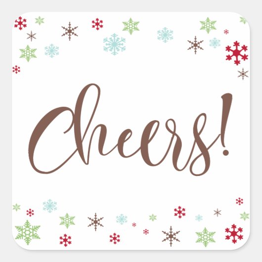 Sneeuwvlok Whimsy Cheers, Bruine Typografie Vierkante Sticker (Voorkant)