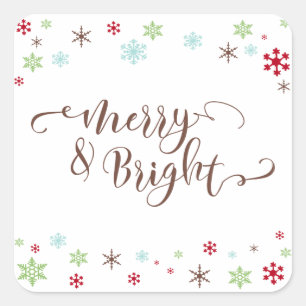 Sneeuwvlok Whimsy Merry & Bright, Bruine Typografi Vierkante Sticker