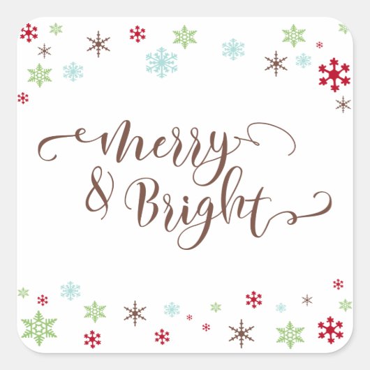 Sneeuwvlok Whimsy Merry & Bright, Bruine Typografi Vierkante Sticker (Voorkant)