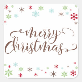 Sneeuwvlok Whimsy Vrolijk Kerstfeest, Bruine Typog Vierkante Sticker