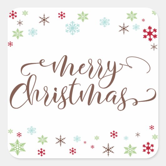 Sneeuwvlok Whimsy Vrolijk Kerstfeest, Bruine Typog Vierkante Sticker (Voorkant)