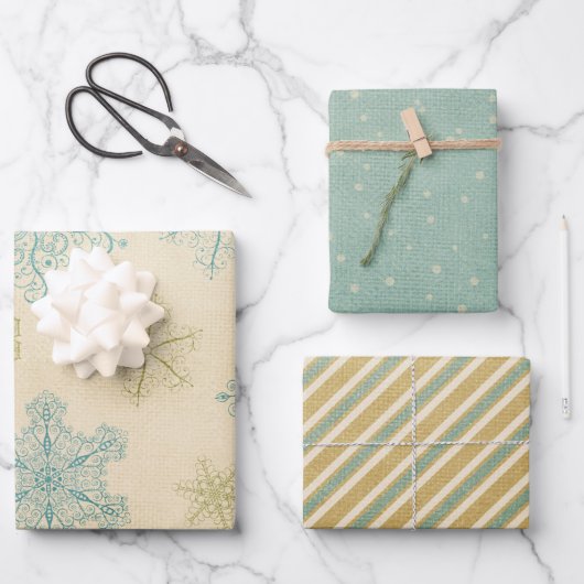  sneeuwvlok winter rustiek patroon blauwgroen crèm inpakpapier vel (Voorkant)