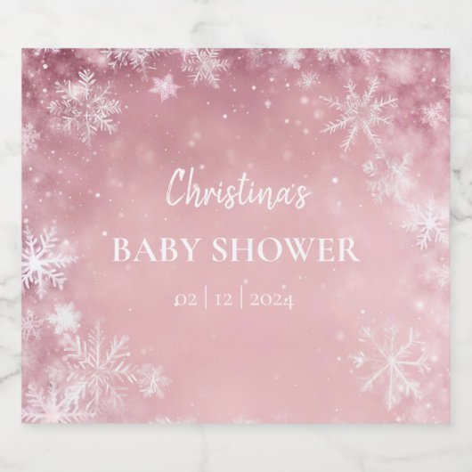Sneeuwvlok Winter Wonderland Baby shower Roze Sparkling Wijnetiket (Enkel label)