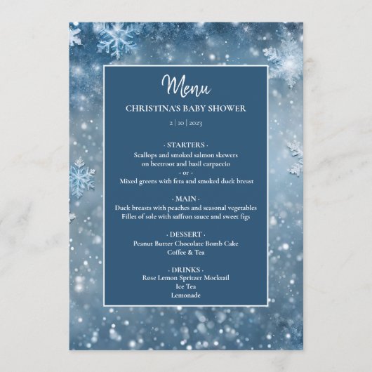 Sneeuwvlok Winter Wonderland Blauw Baby shower Menu (Voorkant)