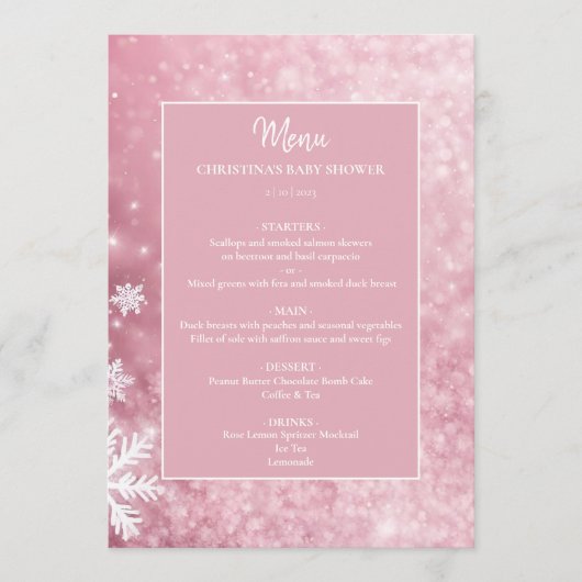 Sneeuwvlok Winter Wonderland Roze Baby shower Menu (Voorkant)