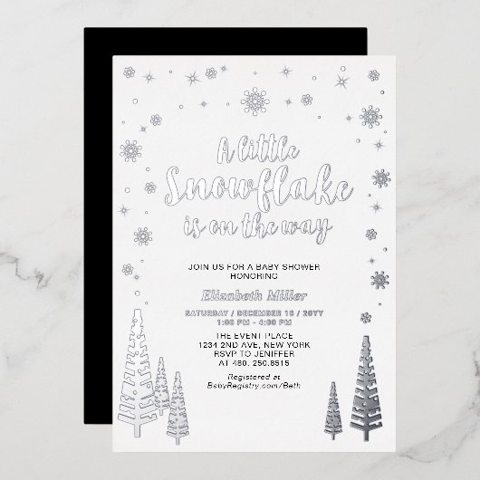 Sneeuwvlok Winterbos Baby shower Echte Folie Folie Uitnodiging (Voorkant / Achterkant)