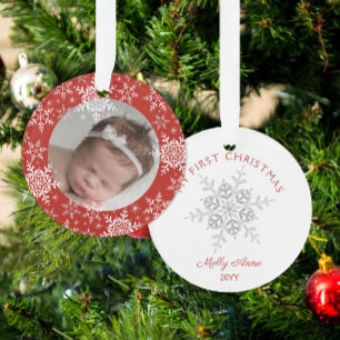 Sneeuwvlokjes Baby's Eerste Kerstmis Rode Glitters Ornament