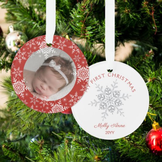 Sneeuwvlokjes Baby's Eerste Kerstmis Rode Glitters Ornament