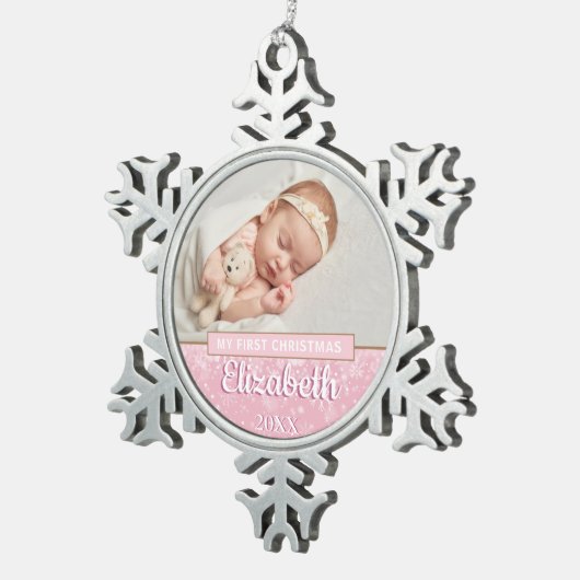 Sneeuwvlokken Baby Foto Eerste Kerstmanuscript Tin Sneeuwvlok Ornament (Rechts)