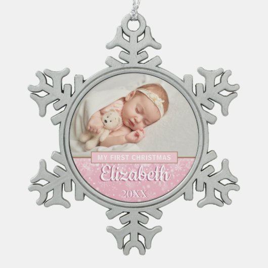Sneeuwvlokken Baby Foto Eerste Kerstmanuscript Tin Sneeuwvlok Ornament (Voorkant)