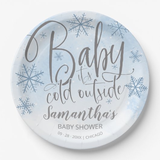 Sneeuwvlokken Baby Het is koud buiten Baby shower Papieren Bordje (Voorkant)