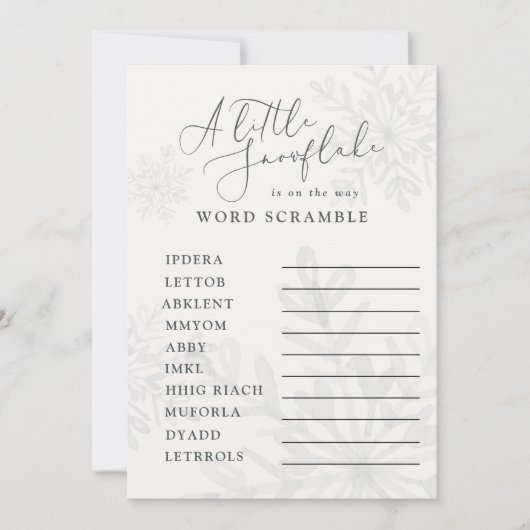 sneeuwvlokken baby shower woordscramble kaart (Voorkant)