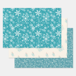 Sneeuwvlokken, bladeren, knoppen, bomen, blauwgroe inpakpapier vel