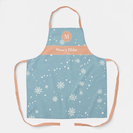 Sneeuwvlokken  Blauw Perzik Roze Monogram Gift Schort (Voorkant)