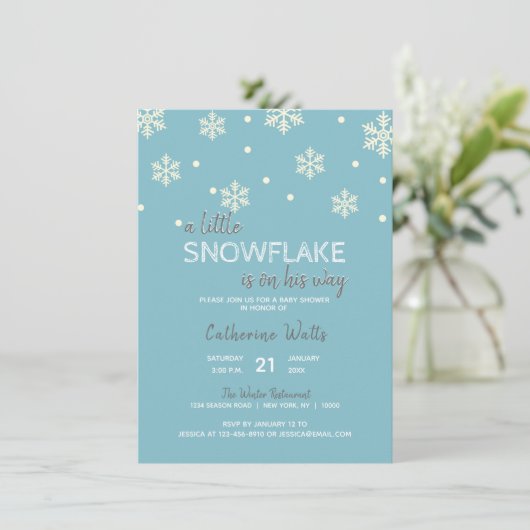 Sneeuwvlokken Blauw Zilver Grijs BABY SHOWER | JON Kaart (Staand voorkant)