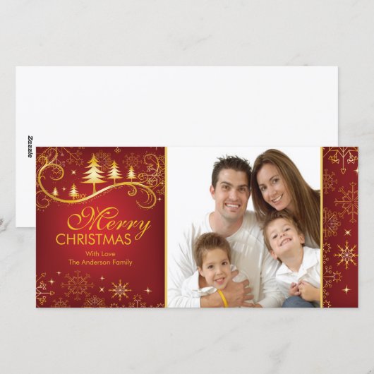 Sneeuwvlokken & Bomen Vrolijk Kerstfeest Familiefo Feestdagenkaart (Voorkant / Achterkant)