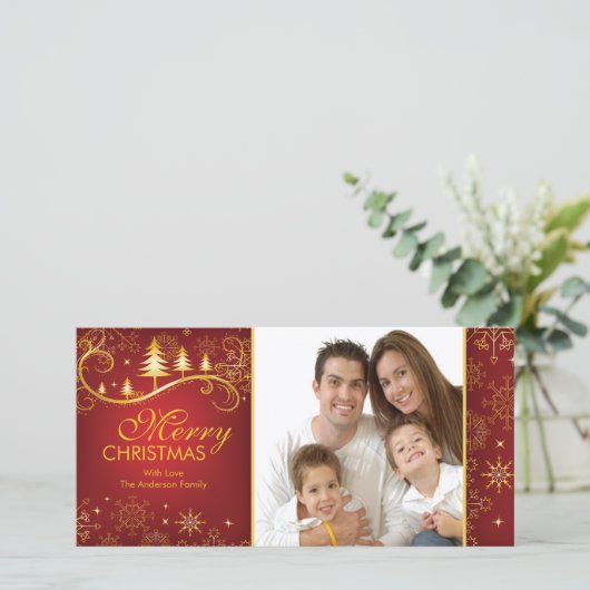 Sneeuwvlokken & Bomen Vrolijk Kerstfeest Familiefo Feestdagenkaart (Staand voorkant)