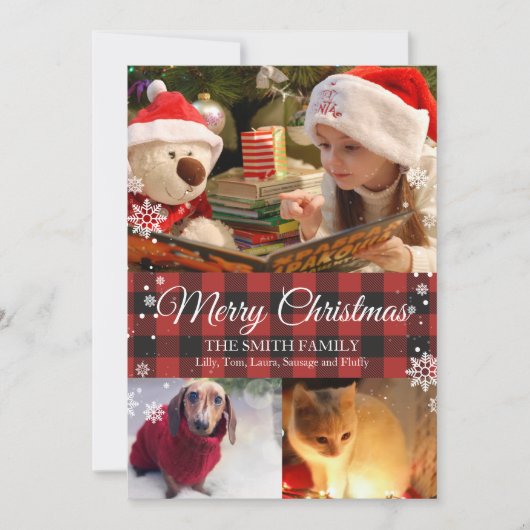 Sneeuwvlokken & Buffalo Plaid 3 Foto Kerst Kaart (Voorkant)