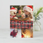 Sneeuwvlokken & Buffalo Plaid 3 Foto Kerst Kaart (Staand voorkant)