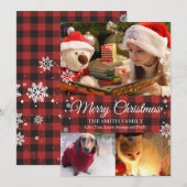 Sneeuwvlokken & Buffalo Plaid 3 Foto Kerst Kaart (Voorkant / Achterkant)