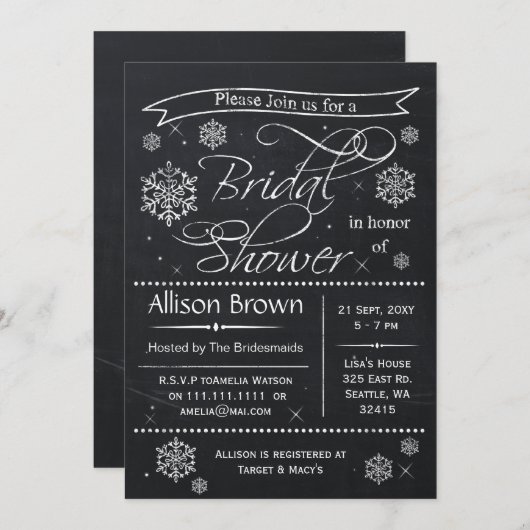 sneeuwvlokken Chalkboard Bridal douche Invitations Kaart (Voorkant / Achterkant)