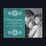 Sneeuwvlokken Chalkboard Photo-Briefkaart, Blauwgr Feestdagenkaart<br><div class="desc">Moderne en trendy Snowflakes Chalkboard Foto-Briefkaart met een turkooischalkboard die er als achtergrond uitziet en elegante sneeuwvlokken in wit. Dit chemische briefkaart is perfect voor het sturen van vakantiebezoeken. Pas uw eigen familiefoto en de persoonlijke groet van uw keus aan. Klik op "Aanpassen" om meer aanpassingsopties te vinden.</div>