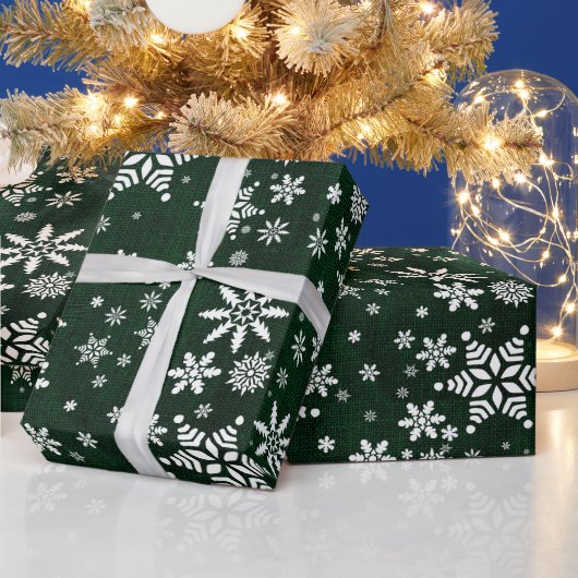 Sneeuwvlokken - Donkere groene Burlap textuur Cadeaupapier (Feestdagen)