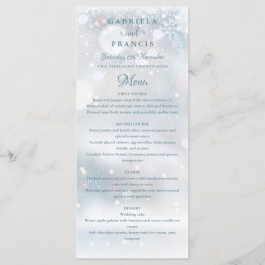 Sneeuwvlokken Elegant Winter Bruiloftsmenu Menu (Voorkant)