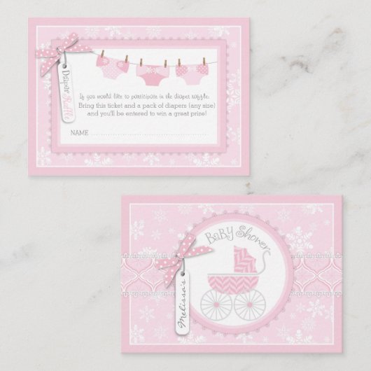 Sneeuwvlokken en Baby Carriage Diaper Raffle Ticke Informatiekaartje (Voorkant / Achterkant)