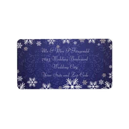 Sneeuwvlokken en Blue Damask bruiloft Etiket (Voorkant)