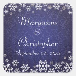Sneeuwvlokken en Blue Damask bruiloft Vierkante Sticker