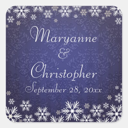 Sneeuwvlokken en Blue Damask bruiloft Vierkante Sticker (Voorkant)