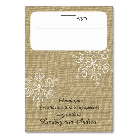 Sneeuwvlokken en Burlap Seating Kaart (Voorkant)