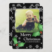 Sneeuwvlokken en Holly op Black Custom Photo Feestdagenkaart (Voorkant / Achterkant)