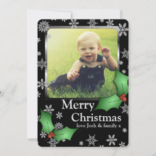 Sneeuwvlokken en Holly op Black Custom Photo Feestdagenkaart