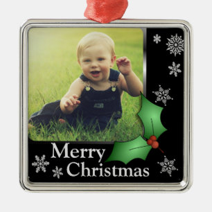 Sneeuwvlokken en Holly op Black Elegant Photo Metalen Ornament
