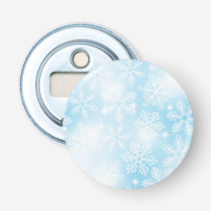 Sneeuwvlokken en lichten op blauw button flesopener
