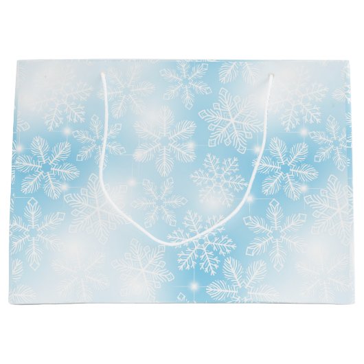 Sneeuwvlokken en lichten op blauw groot cadeauzakje (Voorkant)