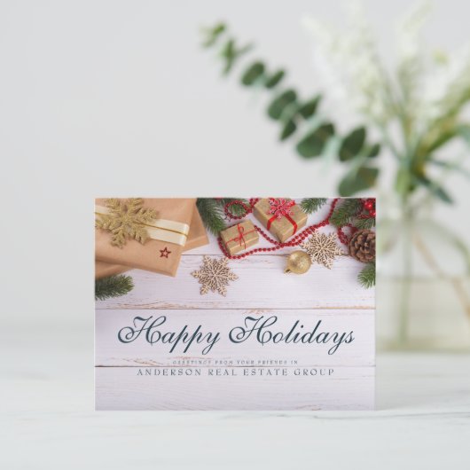 Sneeuwvlokken en pijnbomen  | Rustic Holiday Greet Briefkaart (Staand voorkant)
