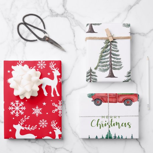 Sneeuwvlokken en rendieren Kerstgroene boom Inpakpapier Vel (Voorkant)