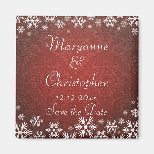 Sneeuwvlokken en rode damast bruiloft Save the Dat Magneet (Voorkant)