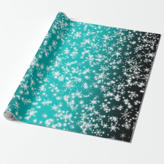 Sneeuwvlokken en sparken boven Turquoise Light Cadeaupapier (Uitgerold)