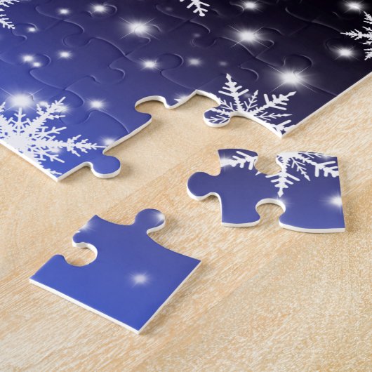 Sneeuwvlokken en Sparkles boven Navy Blue Light Legpuzzel (Zijkant)