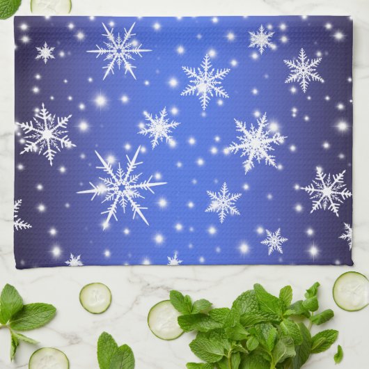 Sneeuwvlokken en Sparkles boven Navy Blue Light Theedoek (Gevouwen)