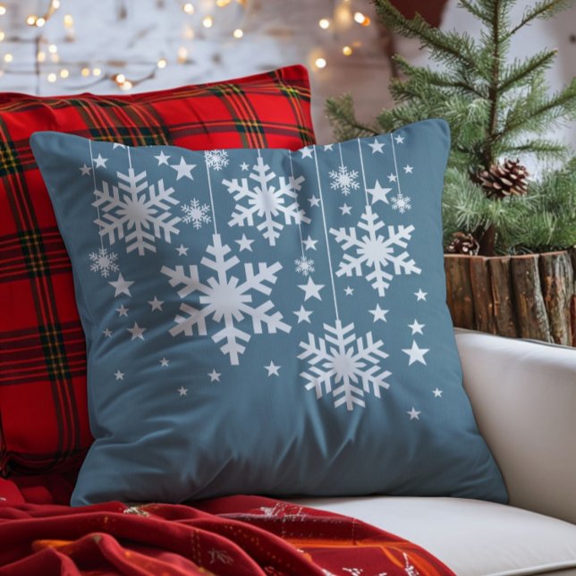 Sneeuwvlokken en sterren kussen, blauw kussen (Blue Snowflakes and Stars Christmas Throw Pillow)