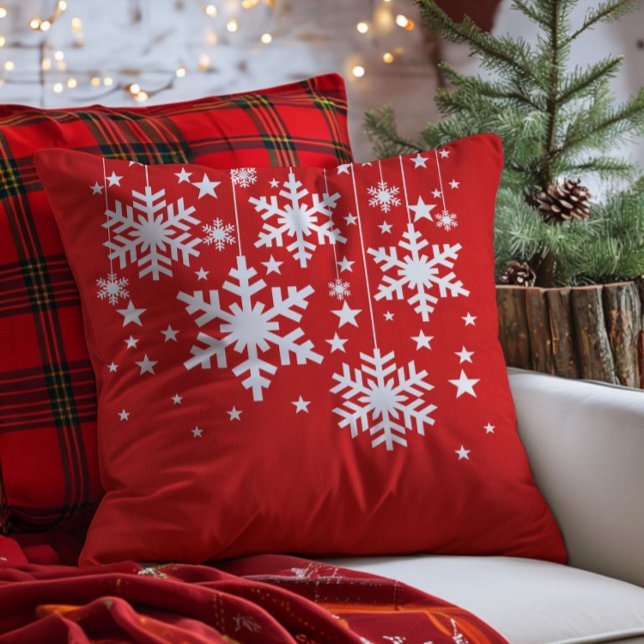 Sneeuwvlokken en sterren kussen, rood kussen (Red Snowflakes and Stars Christmas Throw Pillow)